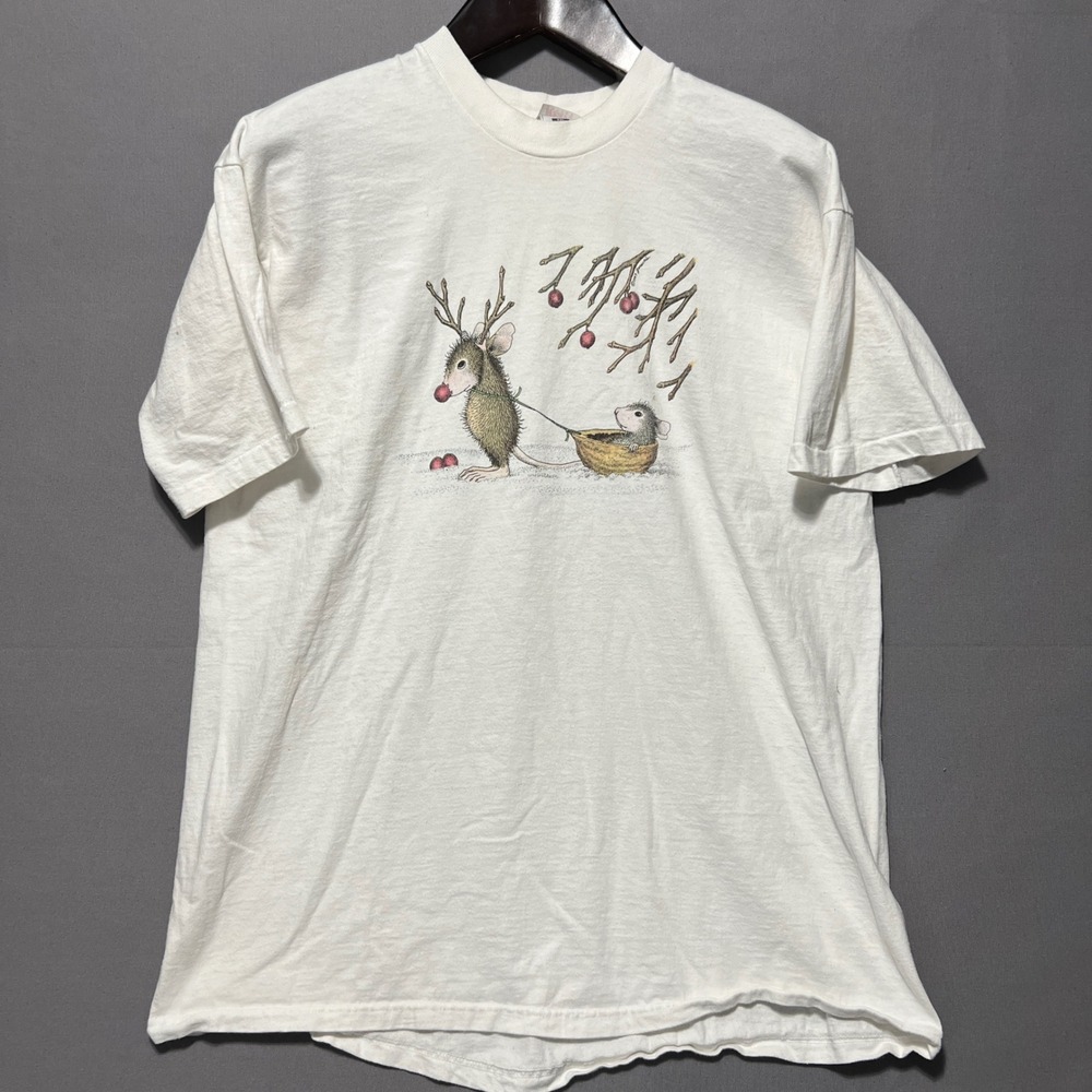 Vintage 1997 Janie Mice Walnut Sleigh T-Shirt Mens XXL White Single Stitch USA